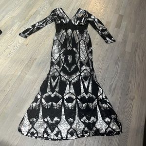 Black Mesh Panel Sequin Mermaid Hem Dress